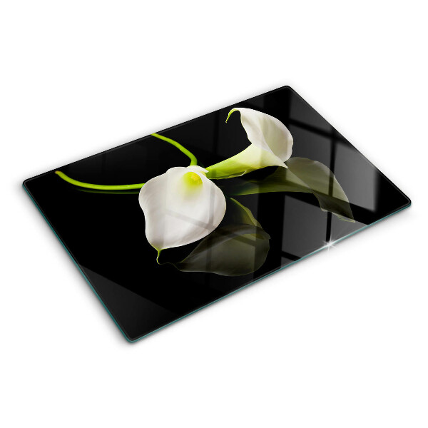 Schneidebrett Glas mit Lilienmotiv auf schwarzem Hintergrund