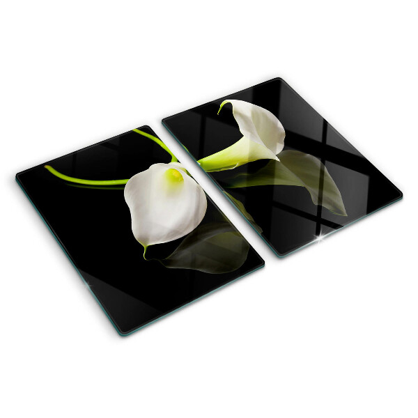 Schneidebrett Glas mit Lilienmotiv auf schwarzem Hintergrund