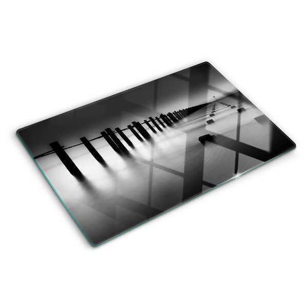 Schneidebrett Glas mit Motiv der Seebrücke in Schwarzweiß