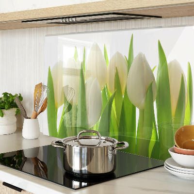 Schneidebrett Glas mit Motiv Tulpen vor grünen Blättern