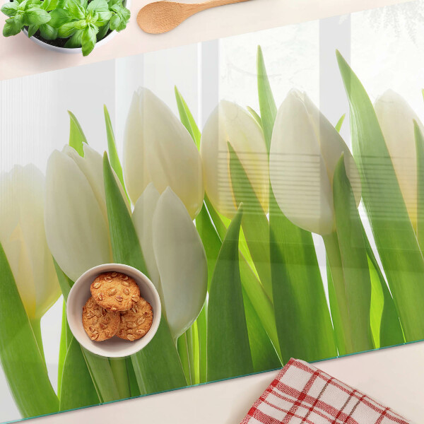 Schneidebrett Glas mit Motiv Tulpen vor grünen Blättern