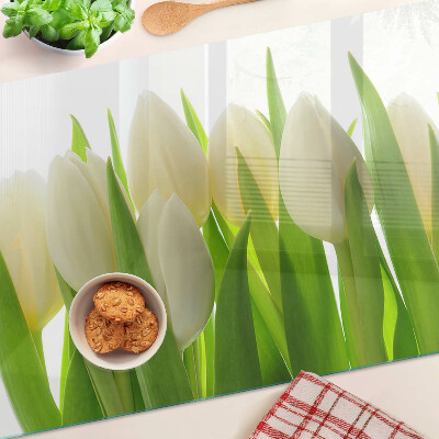 Schneidebrett Glas mit Motiv Tulpen vor grünen Blättern