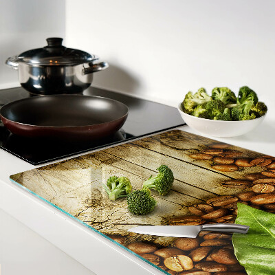 Schneidebrett glas Kaffee und Blätter