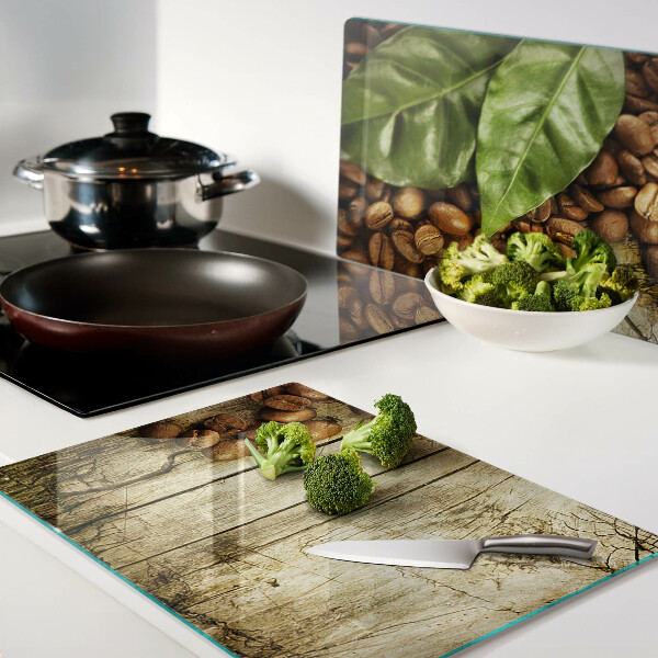 Schneidebrett Glas mit Motiv aus Kaffeebohnen und Blättern