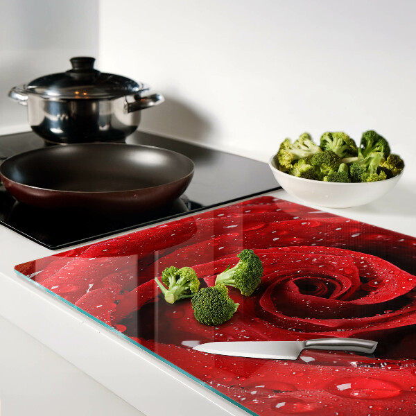 Schneidebrett glas Rote Rose mit Wassertropfen