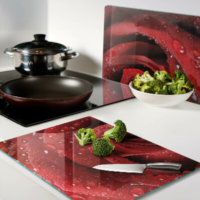 Schneidebrett glas Rote Rose mit Wassertropfen