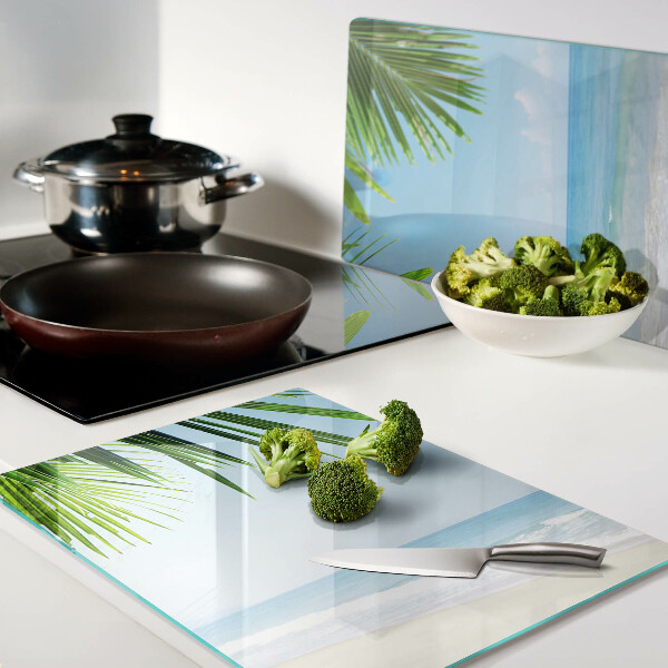 Schneidebrett Glas mit Motiv eines tropischen Strandes mit Palmen