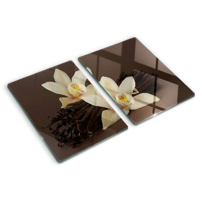 Glas-Schneidebrett mit Orchideen und Vanilleschoten als Motiv
