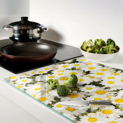 Glas Schneidebrett mit Gänseblümchen auf weißem Hintergrund