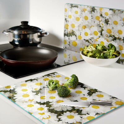 Glas schneidebrett Gänseblümchen auf weißem Hintergrund