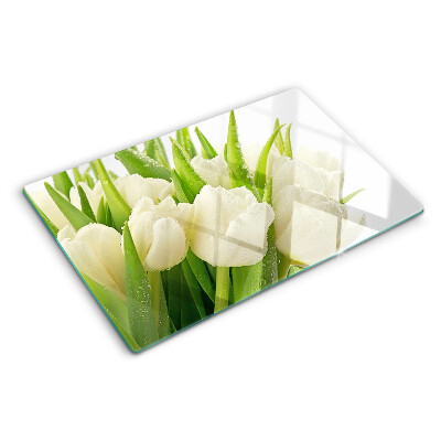 Glas-Schneidebrett mit Tulpenmotiv und Wassertropfen