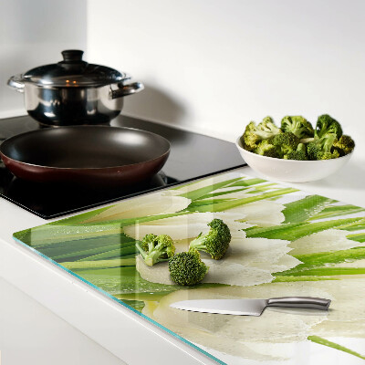 Glas-Schneidebrett mit Tulpenmotiv und Wassertropfen