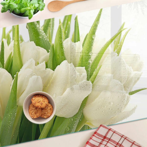 Glas-Schneidebrett mit Tulpenmotiv und Wassertropfen