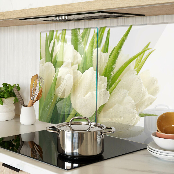 Glas-Schneidebrett mit Tulpenmotiv und Wassertropfen