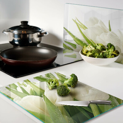 Glas-Schneidebrett mit Tulpenmotiv und Wassertropfen