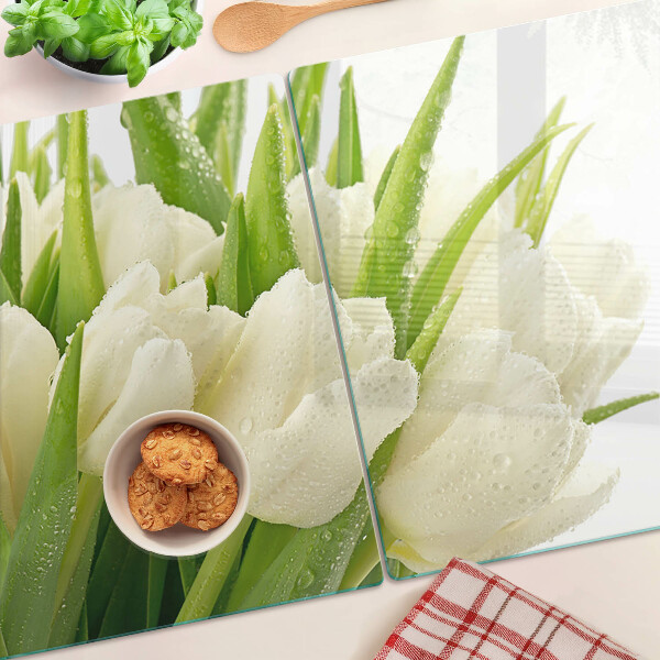 Glas-Schneidebrett mit Tulpenmotiv und Wassertropfen