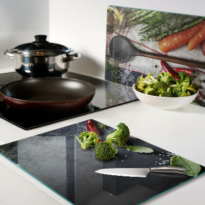 Glas-Schneidebrett mit Küchengewürz- und Gemüsemotiv