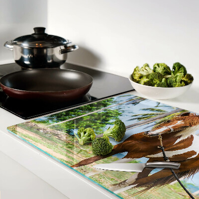 Schneidebrett Glas mit Motiv eines Pferdes vor Palmen im Hintergrund