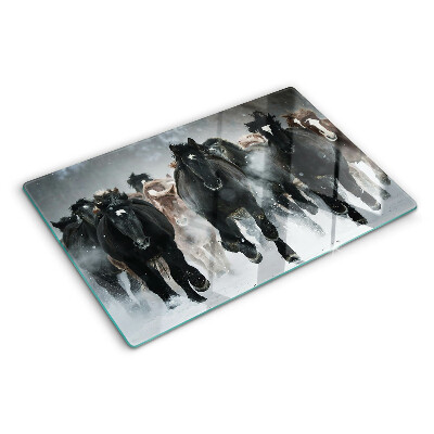Glas-Schneidebrett mit Motiv galoppierender Pferde im Nebel