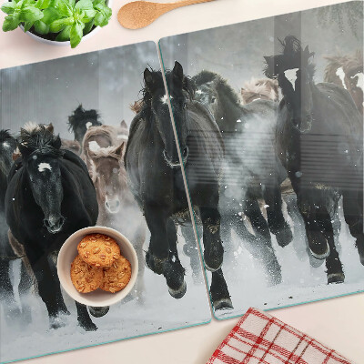 Glas-Schneidebrett mit Motiv galoppierender Pferde im Nebel