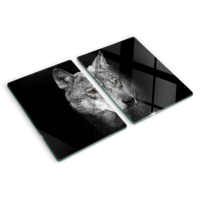 Schneidebrett Glas mit einem Motiv eines Wolfes in Grautönen