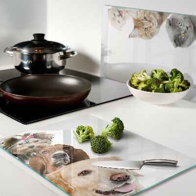 Glas Schneidebrett mit Motiven von Hunden und Katzen in verschiedenen Posen