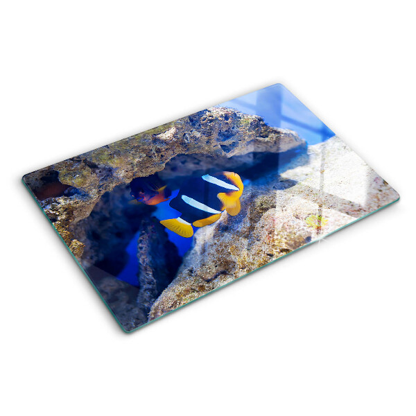 Glas-Schneidebrett mit einem Motiv von Fischen in einem Korallenriff