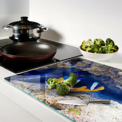 Glas-Schneidebrett mit einem Motiv von Fischen in einem Korallenriff