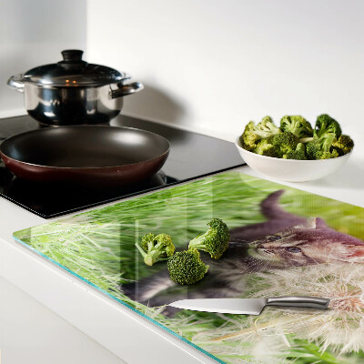 Glas-Schneidebrett mit Motiv einer Katze auf dem Rasen