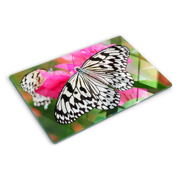 Glas-Schneidebrett mit Schmetterling auf Blumenmotiv