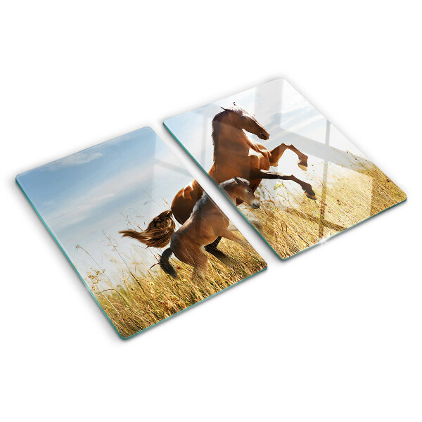 Schneidebrett Glas mit einem Motiv von Pferden auf einer sonnigen Wiese