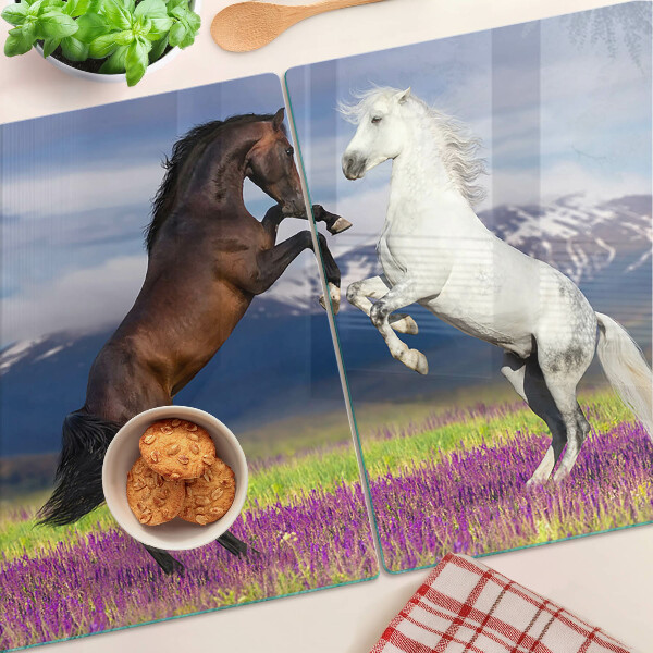 Schneidebrett Glas mit Motiv von Pferden vor einer Berg- und Blumenkulisse