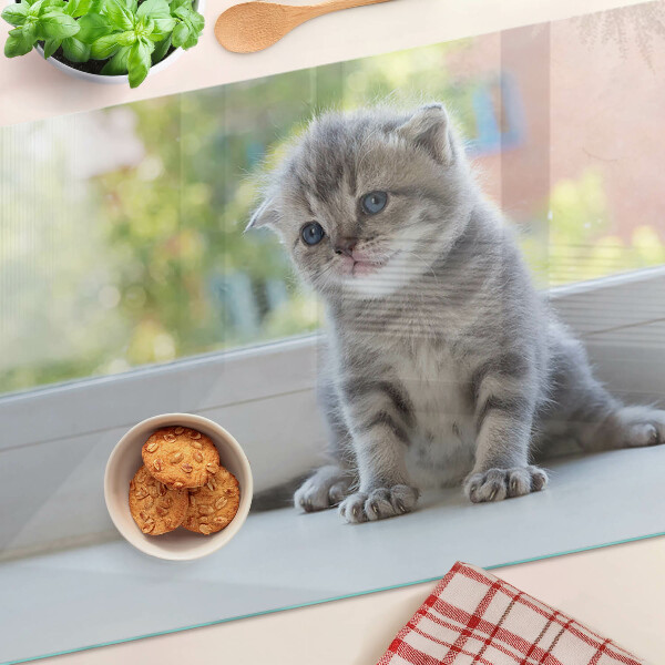 Schneidebrett Glas mit Motiv eines Kätzchens auf der Fensterbank