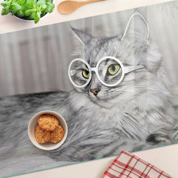 Schneidebrett Glas mit Motiv einer Katze mit Brille