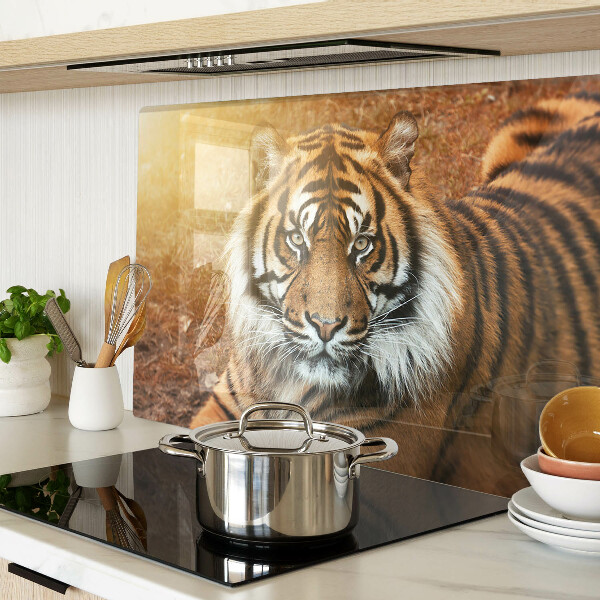 Glas-Schneidebrett mit Motiv „Tiger in den Sonnenstrahlen“