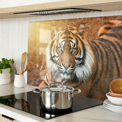Glas-Schneidebrett mit Motiv „Tiger in den Sonnenstrahlen“