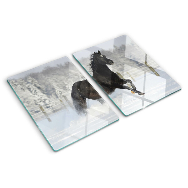 Schneidebrett Glas mit einem Motiv eines Pferdes in einer Winterlandschaft