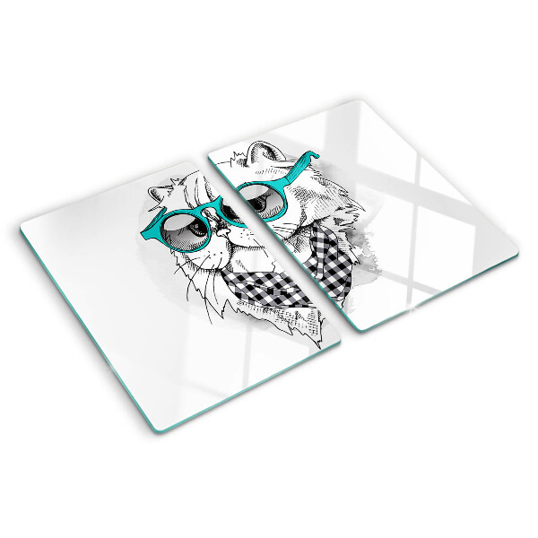 Schneidebrett Glas mit einer Zeichnung einer Katze mit Sonnenbrille