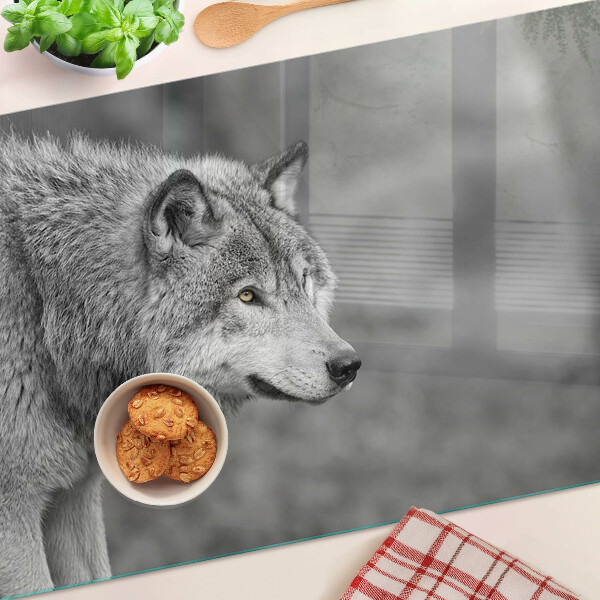 Glas-Schneidebrett mit Wolf-Motiv in Schwarzweiß