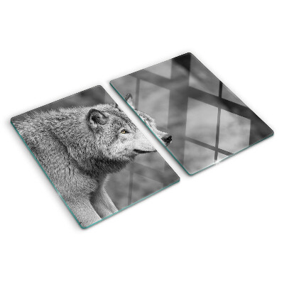 Glas-Schneidebrett mit Wolf-Motiv in Schwarzweiß