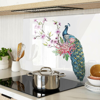 Glas-Schneidebrett mit Pfauen- und Blumenmotiv