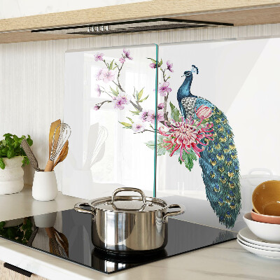 Glas-Schneidebrett mit Pfauen- und Blumenmotiv