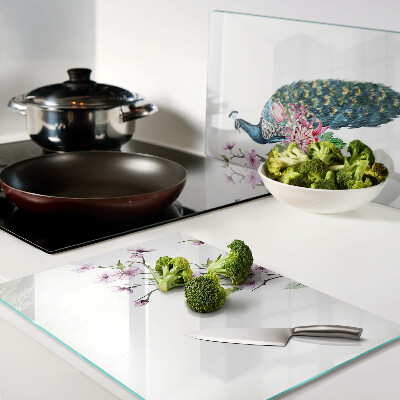 Glas-Schneidebrett mit Pfauen- und Blumenmotiv