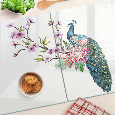 Glas-Schneidebrett mit Pfauen- und Blumenmotiv