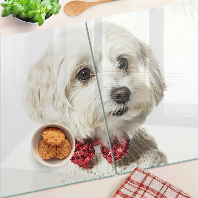 Schneidebrett Glas mit Motiv eines Hundes im Pullover und Schleife