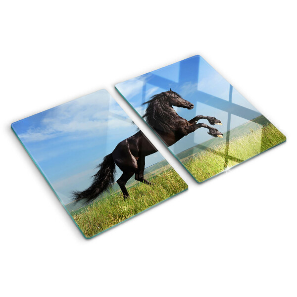 Glas schneidebrett Schwarzes Pferd auf der Wiese