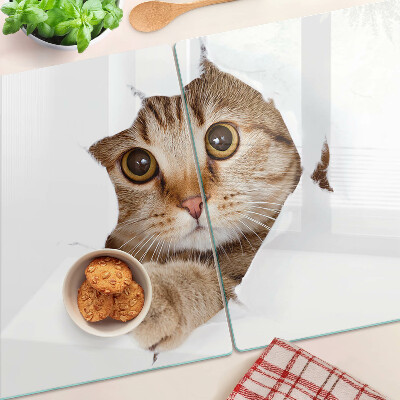 Schneidebrett Glas mit Motiv einer Katze, die aus einem Loch hervorkommt