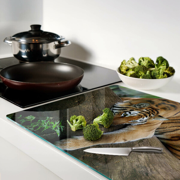 Schneidebrett Glas mit Motiv eines Tigers auf einem Baumstamm