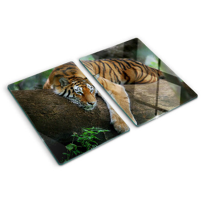 Schneidebrett Glas mit Motiv eines Tigers auf einem Baumstamm