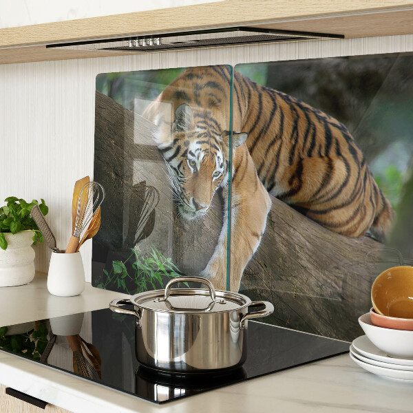 Schneidebrett Glas mit Motiv eines Tigers auf einem Baumstamm